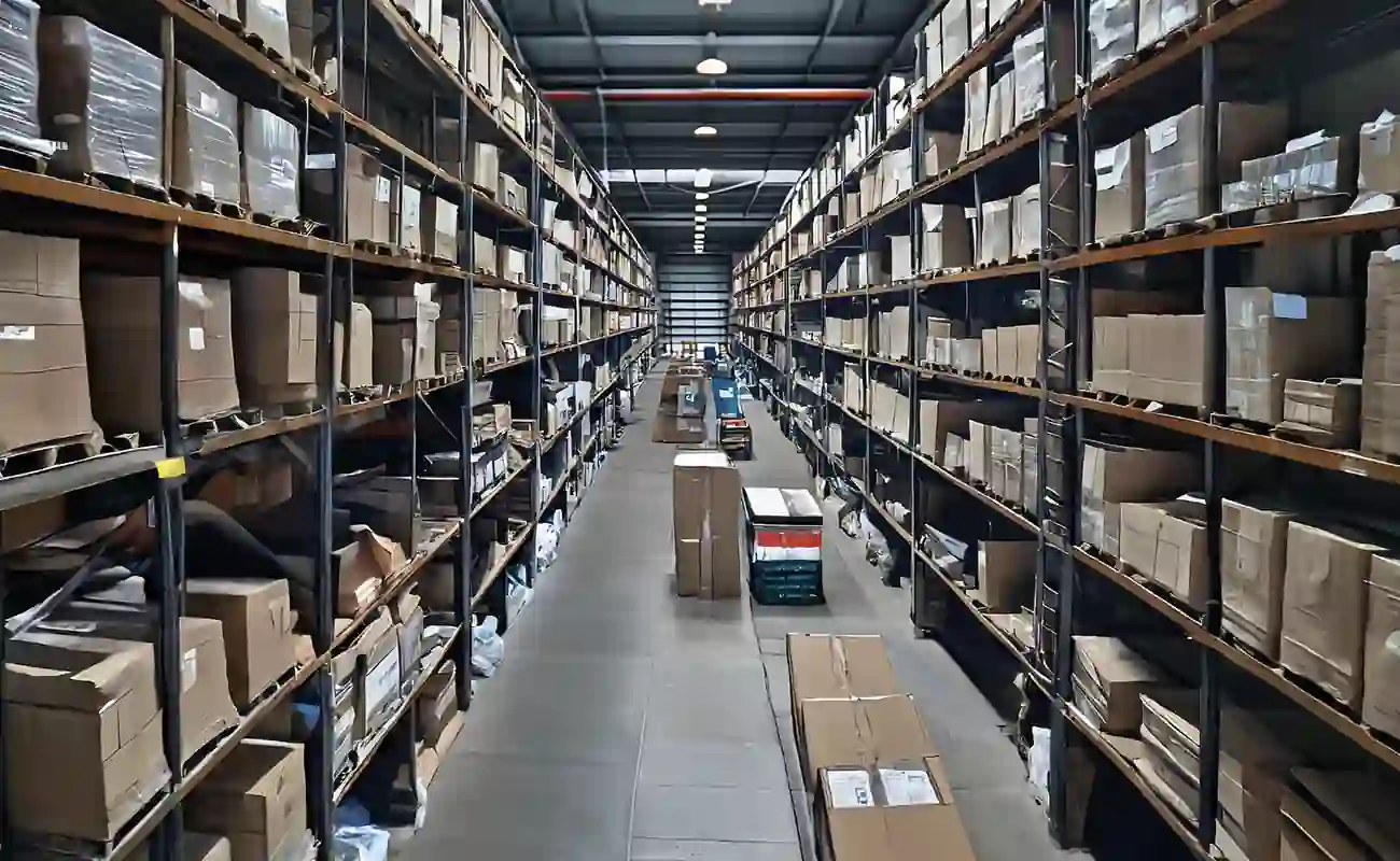 a picture of a warehouse with shelfs